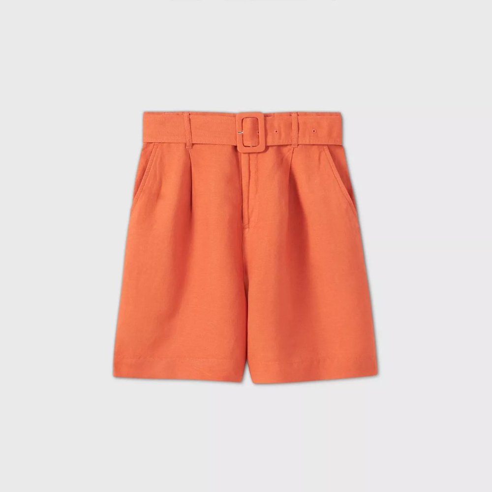 A New Day Orange High Waist Belted Linen Shorts